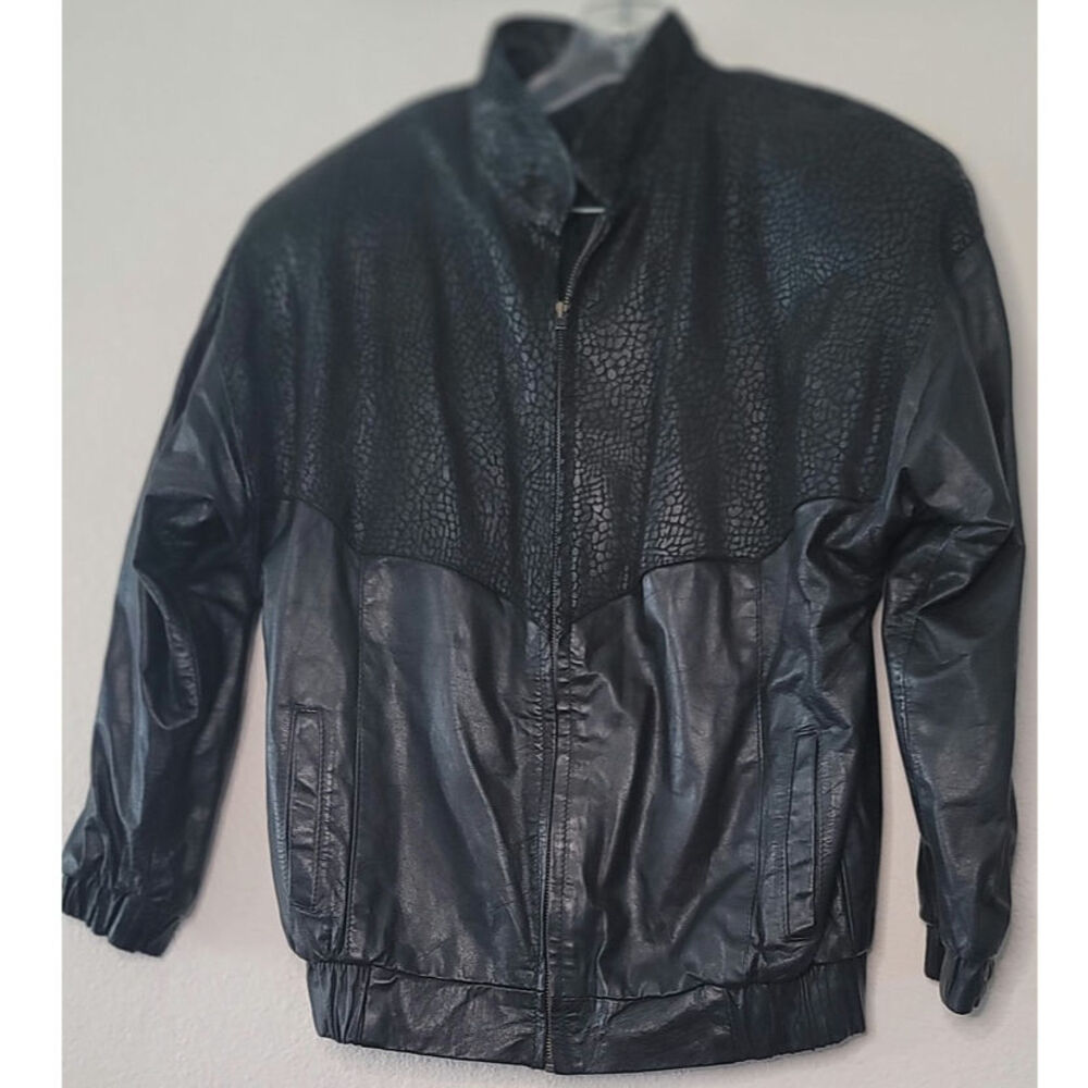Vintage Black Textured Comint 1980s Genuine Leather Bomber Jacket Size Medium